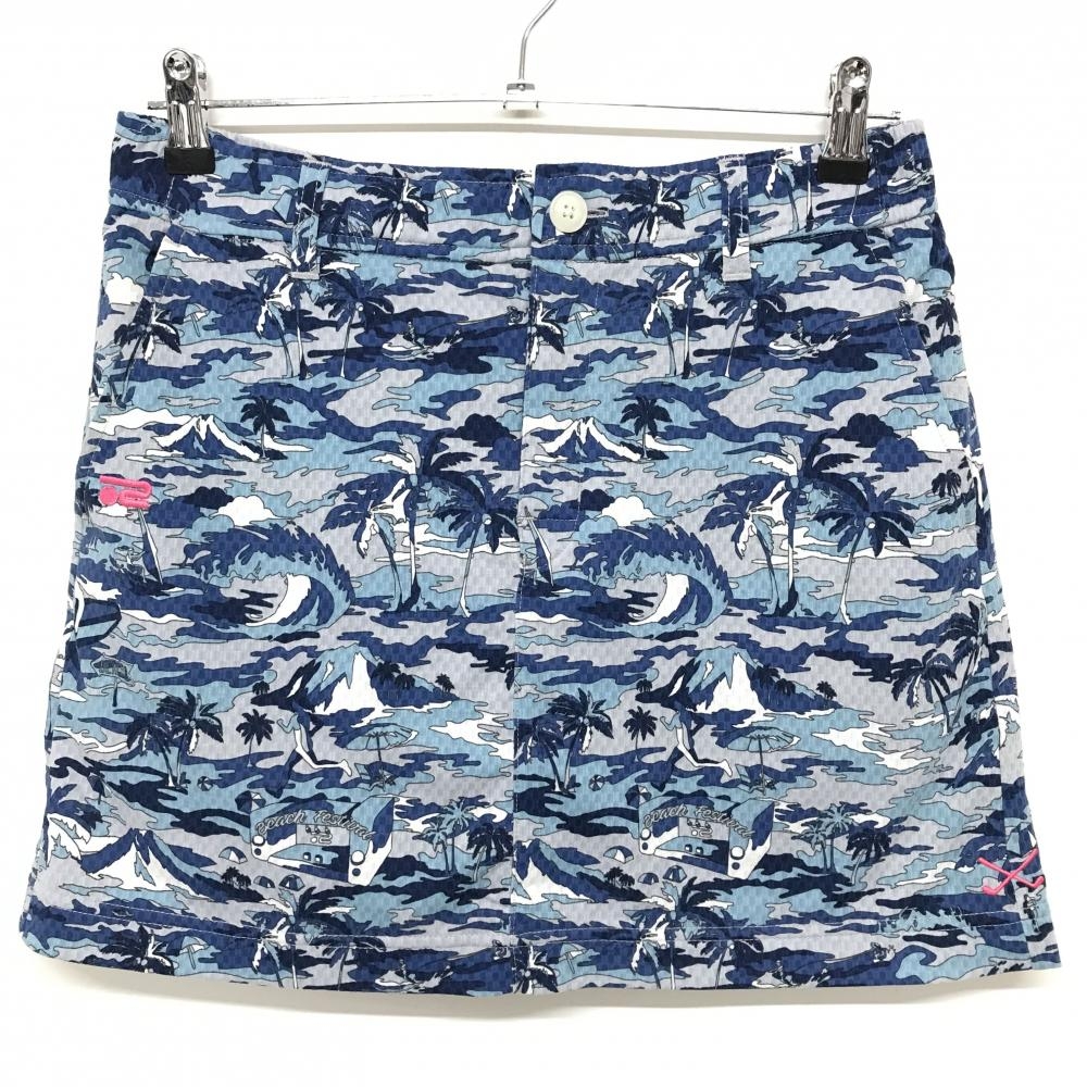 ロサーセン スカート ネイビー×ライトブルー×ライトグレー 総柄 カモフラ調 ヤシの木 波 レディース L ゴルフウェア Rosasen