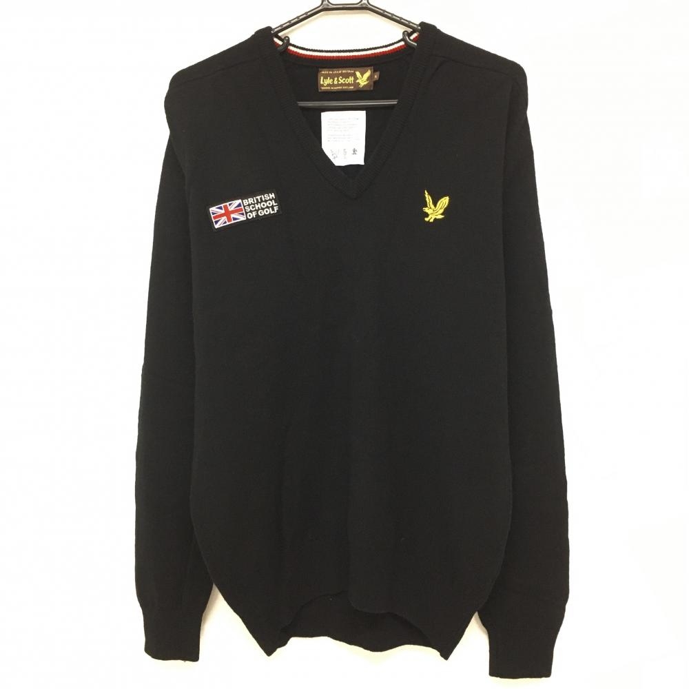 【美品】ライルアンドスコット セーター 黒 ワッペン ウール100％ ニット Vネック メンズ XL ゴルフウェア Lyle&Scott