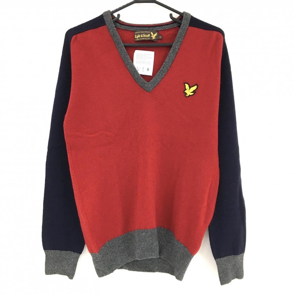 【超美品】ライルアンドスコット セーター レッド×ネイビー　Vネック ウール メンズ M ゴルフウェア LYLE&SCOTT