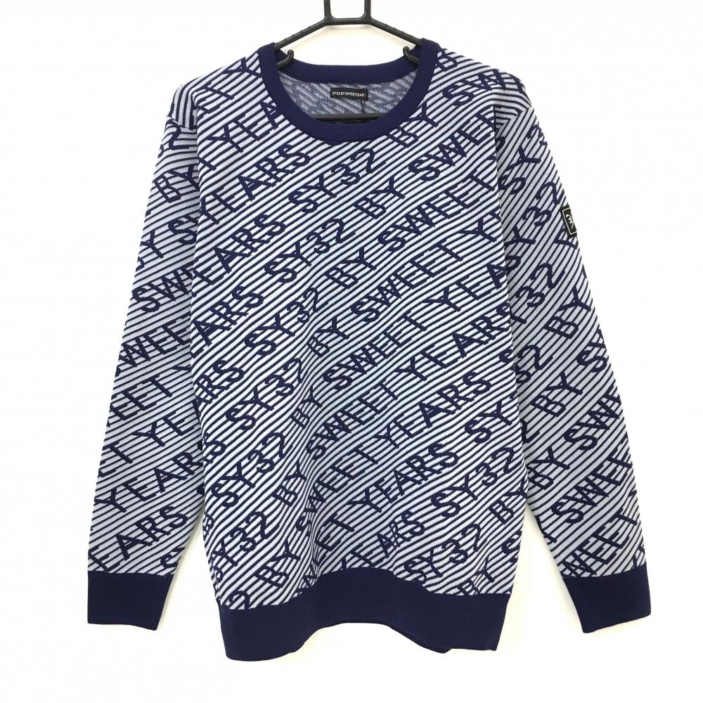 【新品】SY32 セーター ネイビー×ライトグレー ロゴ総柄 斜めボーダー ニット メンズ XL ゴルフウェア 2023年モデル SY32 BY SWEET YEARS