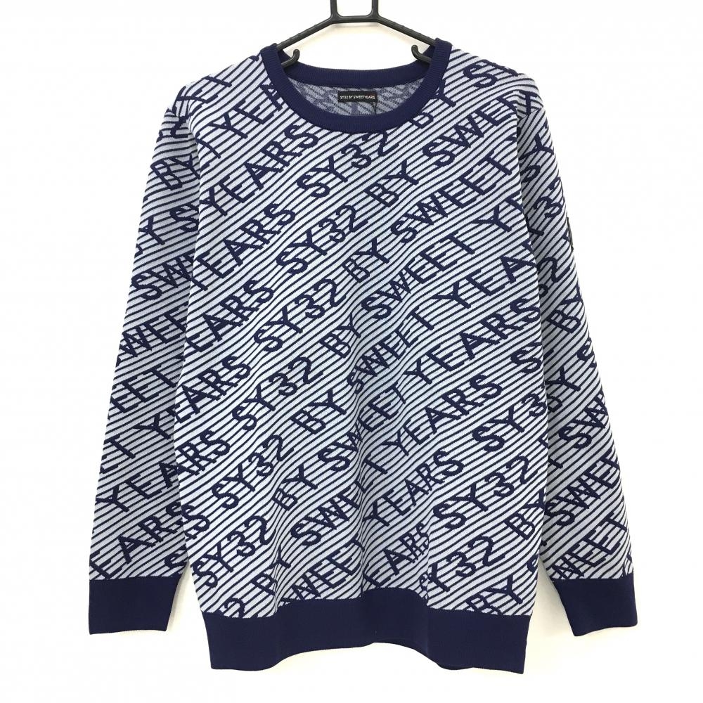 【新品】SY32 セーター ネイビー×ライトグレー ロゴ総柄 斜めボーダー ニット メンズ L ゴルフウェア 2023年モデル SY32 BY SWEET YEARS