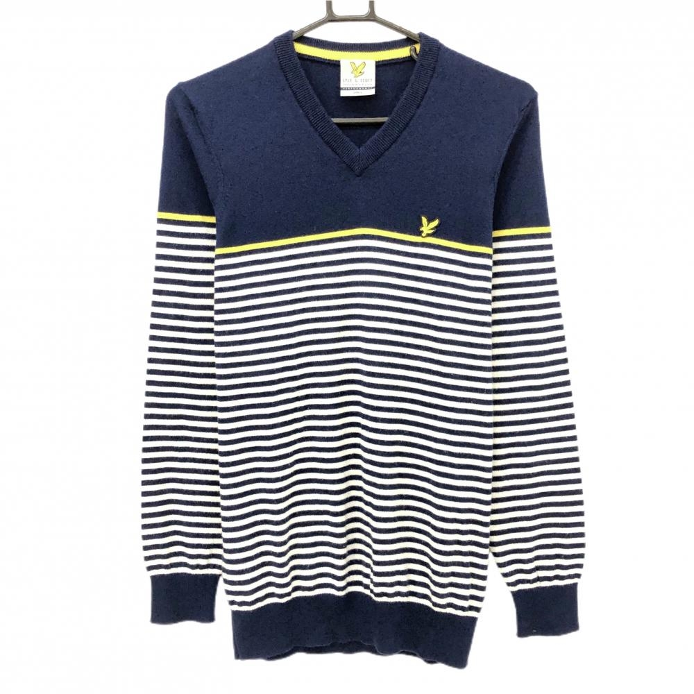 【美品】ライルアンドスコット セーター ネイビー×白 前身頃ボーダー Vネック ニット  メンズ SMALL ゴルフウェア LYLE＆SCOTT