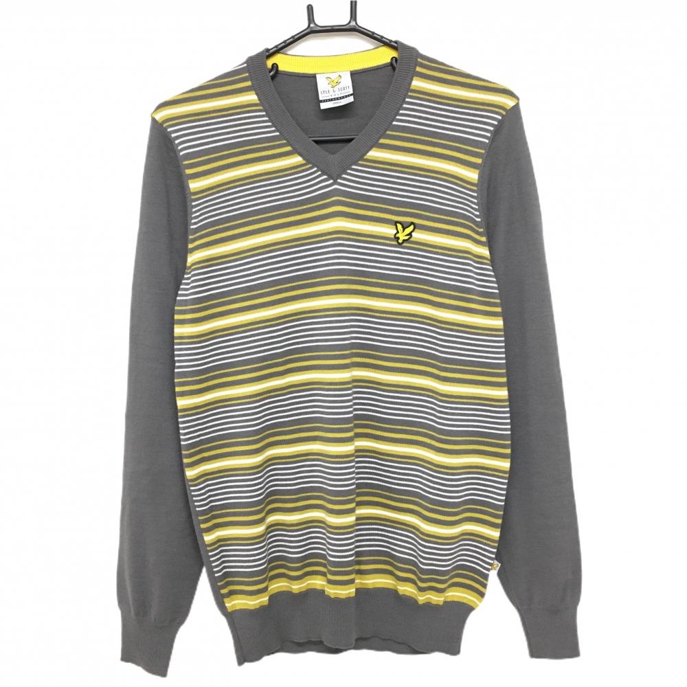 【超美品】ライルアンドスコット セーター グレー×イエロー 前身頃ボーダー ウール混 Vネック  メンズ SMALL ゴルフウェア LYLE＆SCOTT