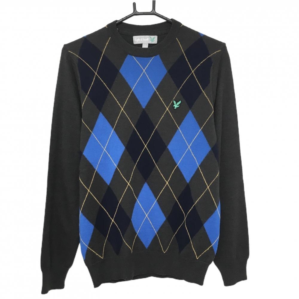 【美品】ライルアンドスコット セーター カーキ×ネイビー 前身頃アーガイル ウール混 ニット  メンズ S ゴルフウェア LYLE＆SCOTT