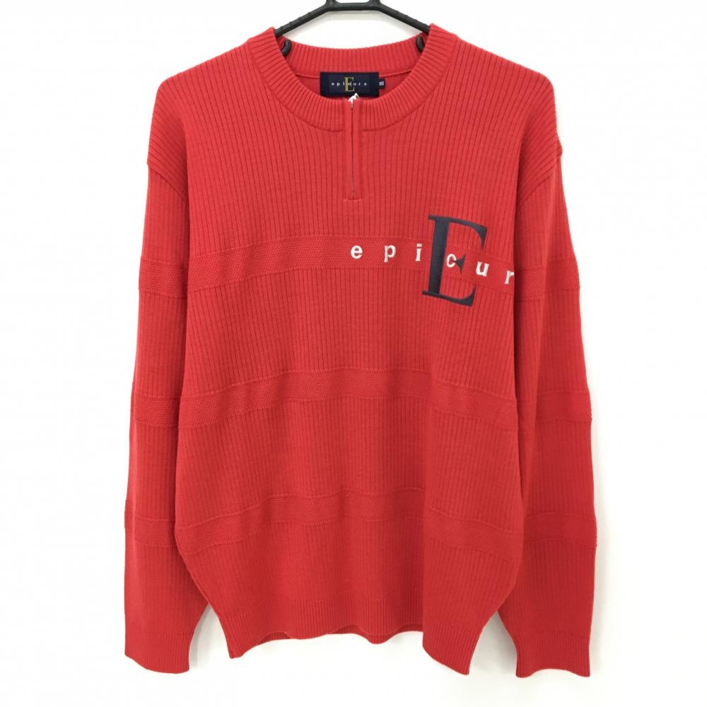 【美品】エピキュール セーター レッド ロゴ刺しゅう ハーフジップ ウール混 ニット メンズ Ⅲ ゴルフウェア epieure