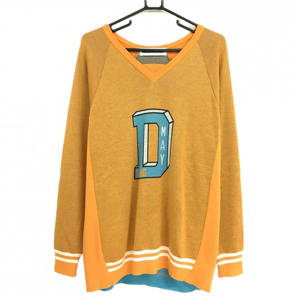 【美品】ディセンバーメイ セーター オレンジ×ライトブルー サイド切替 Vネック メンズ XL ゴルフウェア DECEMBERMAY
