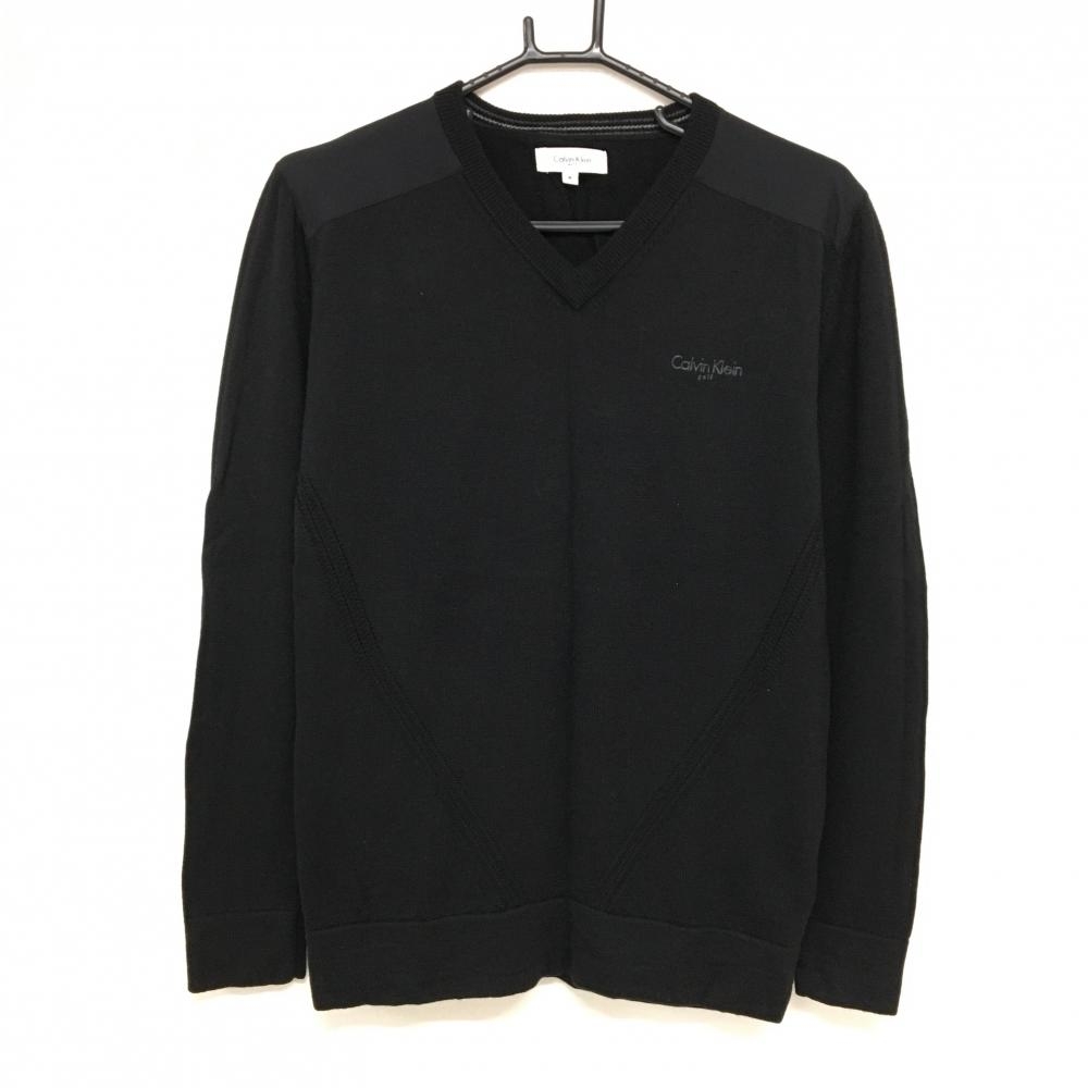 【超美品】カルバンクラインゴルフ セーター 黒 背面上布切替 Vネック ウール100％ ニット  メンズ M ゴルフウェア CalvinKlein