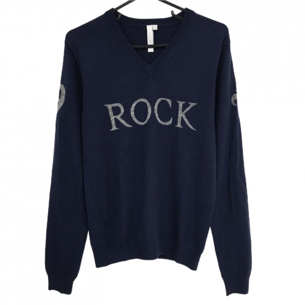 【美品】ロックデュード セーター ネイビー×グレー フロントロゴ ウール100％ ニット  メンズ 02 ゴルフウェア ROCK DUDE