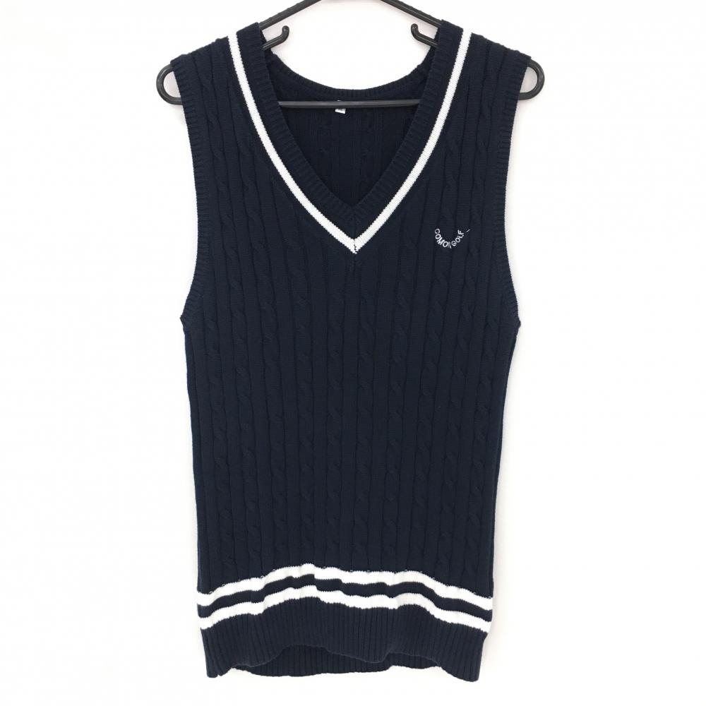 【超美品】コモンゴルフ ニットベスト ネイビー×白 ケーブル編み コットン100％ Vネック メンズ XL ゴルフウェア Comon Golf