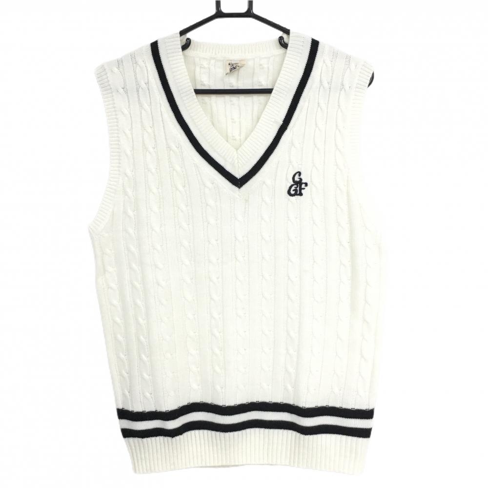 【美品】コモンゴルフ ニットベスト 白×黒 ケーブル編み Vネック メンズ XXL ゴルフウェア 大きいサイズ Comon Golf