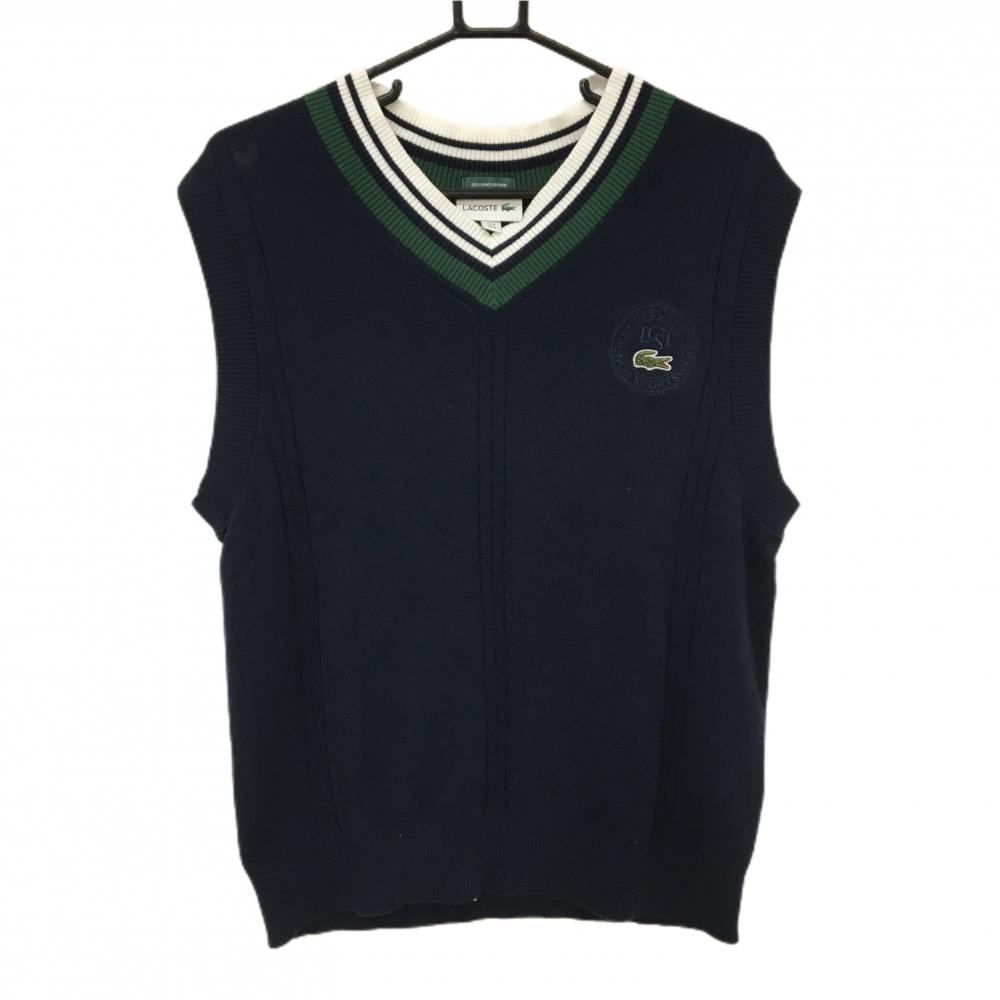 【超美品】ラコステ ニットベスト ネイビー×白 Vネック ロゴ メンズ US-S ゴルフウェア LACOSTE