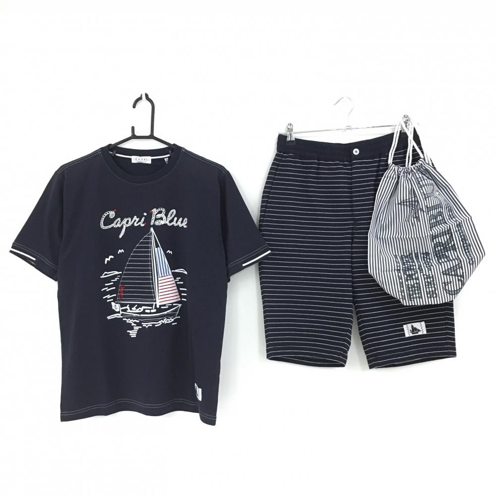 【新品】カプリ 上下セット(半袖Ｔシャツ×ハーフパンツ) ネイビー×白 ヨット パンツボーダー 収納袋 メンズ 46 ゴルフウェア CAPRI