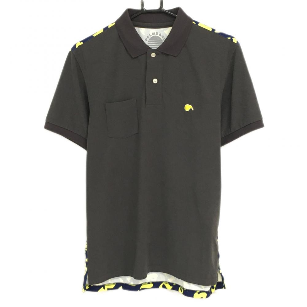 パームスアンドコー 半袖ポロシャツ ブラウン×ネイビー×イエロー パイル地 背面総柄  メンズ M ゴルフウェア PALMS＆CO.