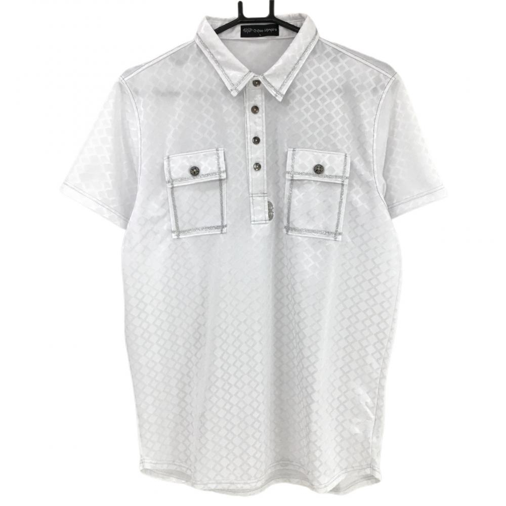 【超美品】チェイスバンパイア 半袖ポロシャツ 白×シルバー 地模様 胸ポケット メンズ L ゴルフウェア CHASE VAMPIRE