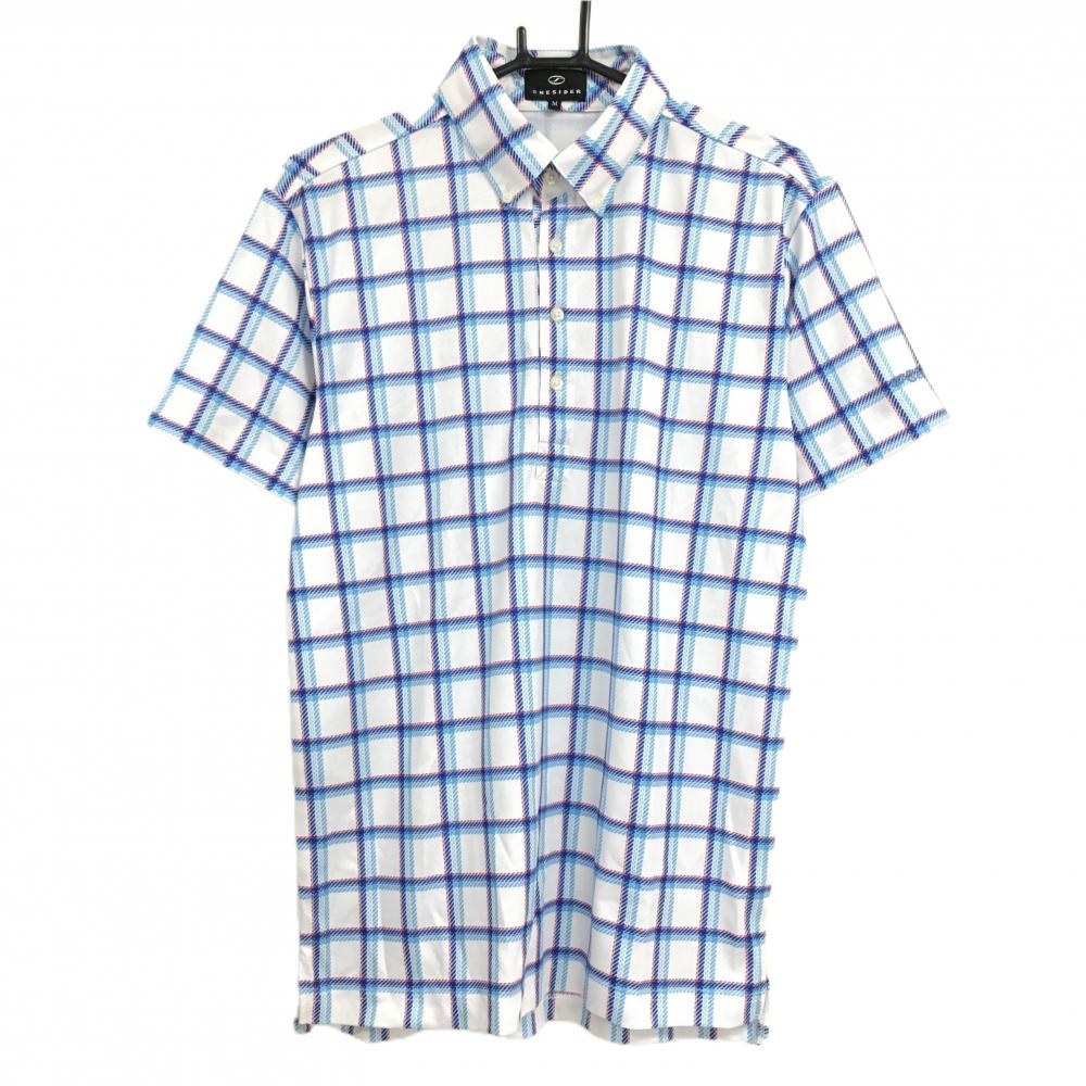 【超美品】ワンサイダー 半袖ポロシャツ 白×ブルー チェック ボタンダウン メンズ M ゴルフウェア ONESIDER