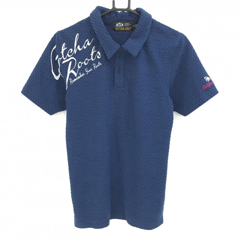 【美品】ガッチャゴルフ 半袖ポロシャツ ネイビー×白 織生地 刺しゅう メンズ S ゴルフウェア GOTCHA GOLF