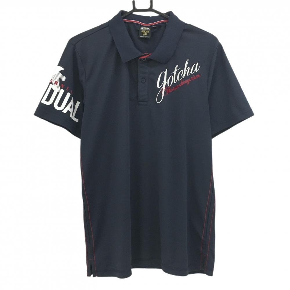 【超美品】ガッチャゴルフ 半袖ポロシャツ ネイビー×白×レッド サイドライン 襟裏ロゴプリント メンズ L ゴルフウェア GOTCHA GOLF
