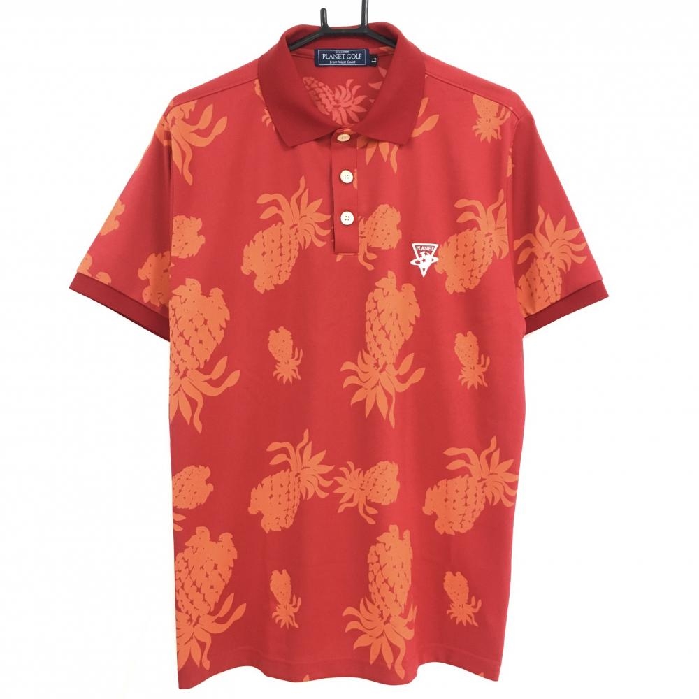 【超美品】プラネットゴルフ 半袖ポロシャツ レッド×オレンジ パイナップル総柄 メンズ L ゴルフウェア PLANET GOLF