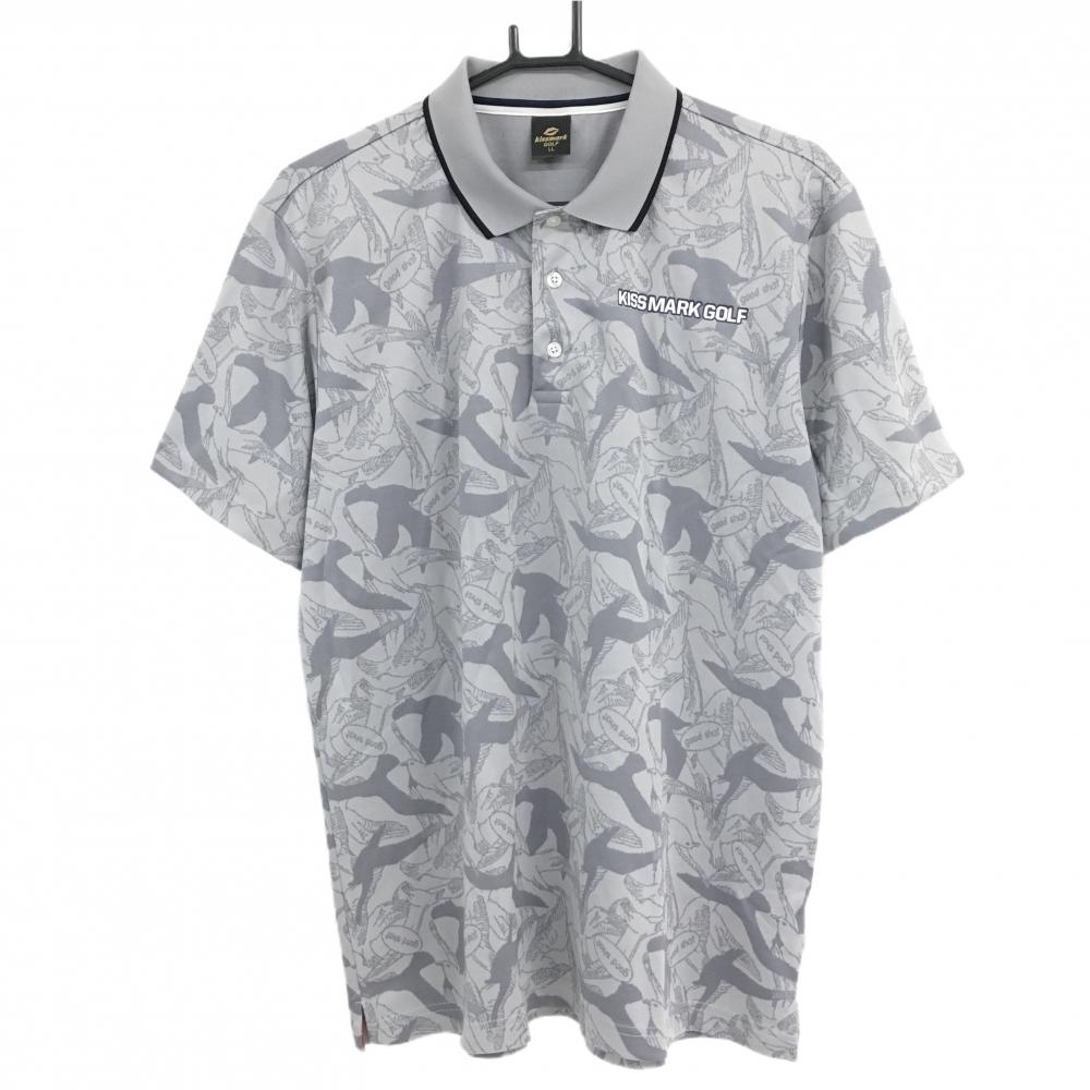 【美品】キスマークゴルフ 半袖ポロシャツ グレー 鳥柄  メンズ LL ゴルフウェア kissmark