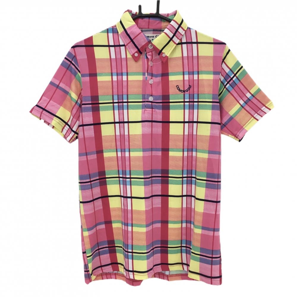 【新品】コモンゴルフ 半袖ポロシャツ ピンク×マルチカラー チェック ボタンダウン  メンズ L ゴルフウェア COMON GOLF