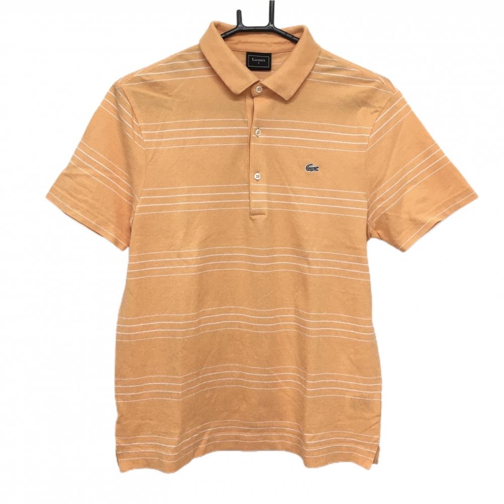 【美品】ラコステ 半袖ポロシャツ オレンジ×白 ボーダー 胸ロゴ メンズ 3(M) ゴルフウェア LACOSTE