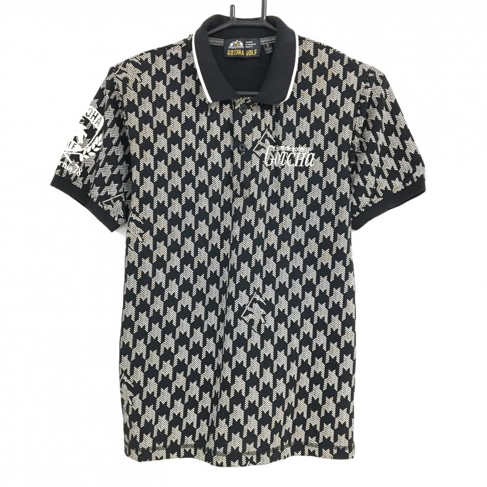 【美品】ガッチャゴルフ 半袖ポロシャツ 黒×白 ドット柄千鳥格子 襟裏プリント ロゴ刺しゅう メンズ S ゴルフウェア GOTCHA GOLF