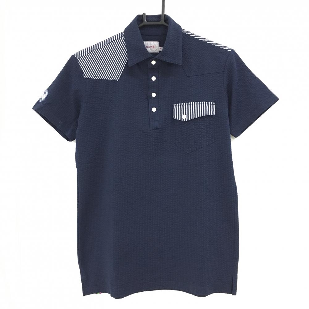 トヴホ 半袖ポロシャツ ネイビー×白 サッカー生地 一部ストライプ  メンズ 02 ゴルフウェア tovho