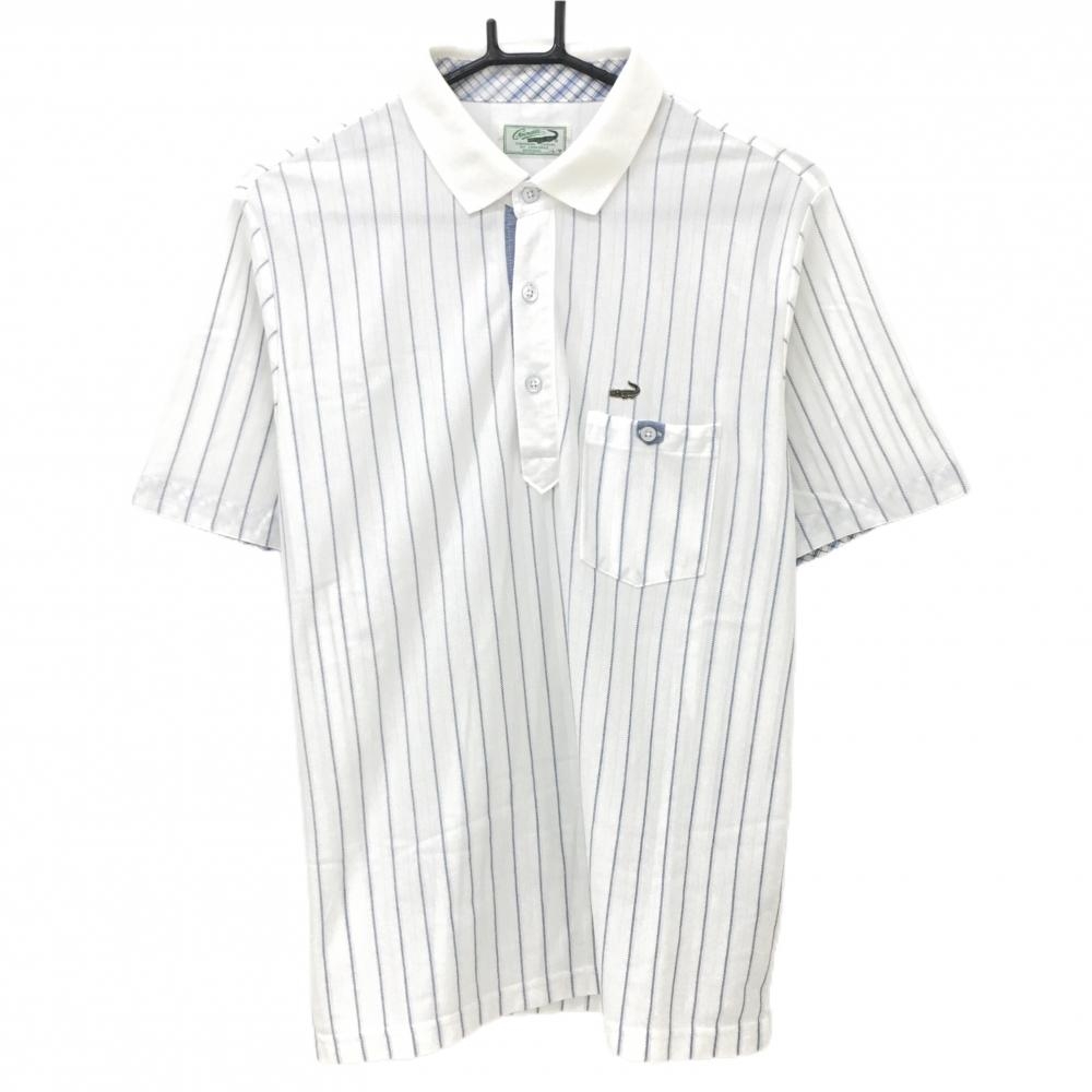 クロコダイル 半袖ポロシャツ 白×ブルー ストライプ  メンズ L ゴルフウェア Crocodile