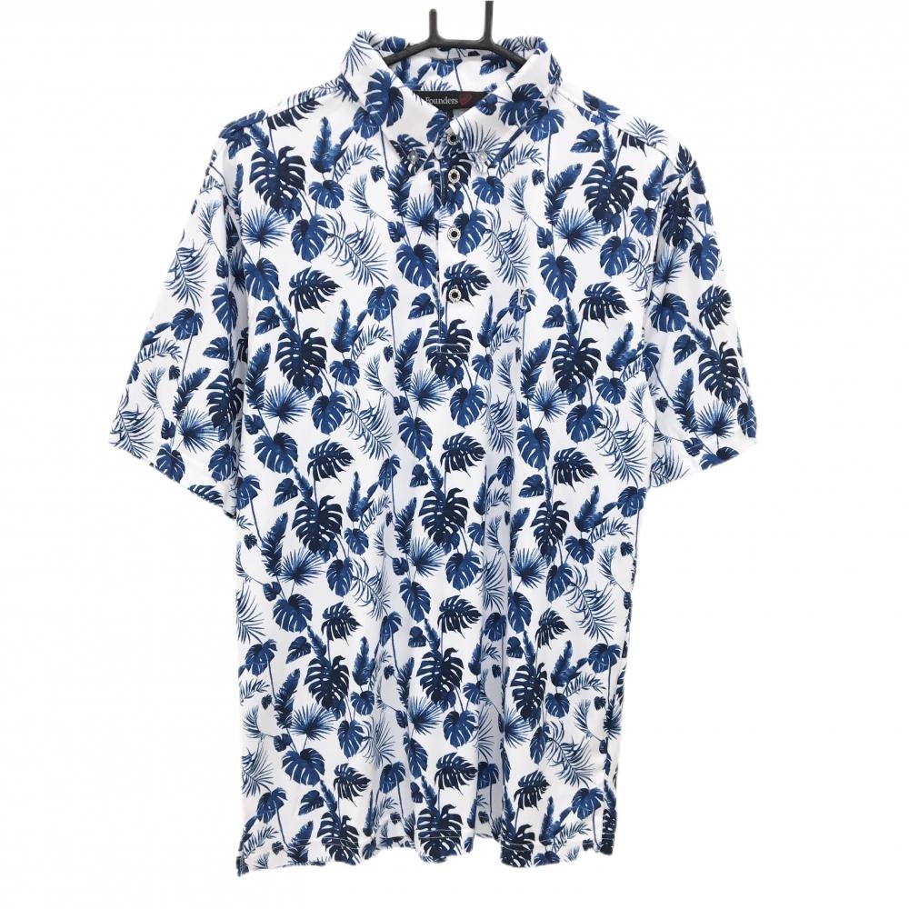 【美品】ファウンダース 半袖ポロシャツ 白×ブルー リーフ柄 ボタンダウン メンズ L ゴルフウェア Founders