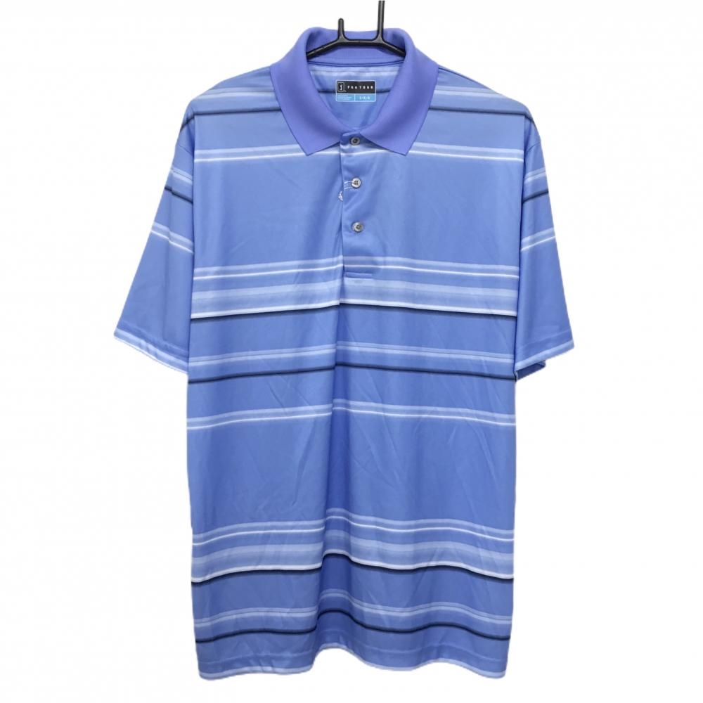 【新品】ピージーエーツアー 半袖ポロシャツ ライトブルー×白 ボーダー風  メンズ L・G・G ゴルフウェア PGATOUR