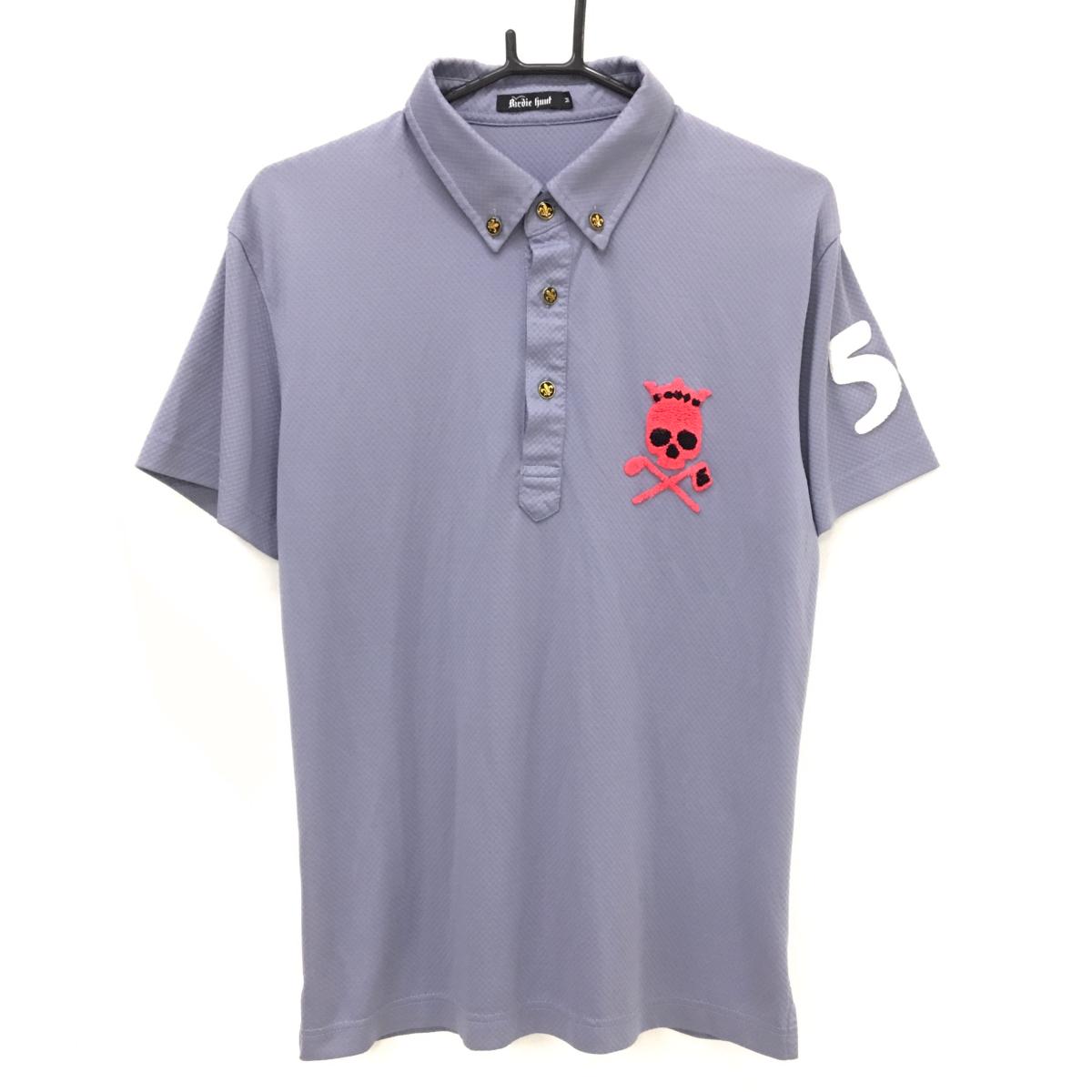 【美品】バーディーハント 半袖ポロシャツ ブルーグレー系×ピンク ボタンダウン 胸ロゴ スカル メンズ M ゴルフウェア Birdie hunt