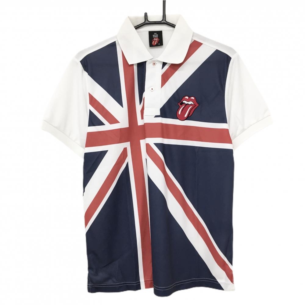 【新品】ザローリングストーンズ 半袖ポロシャツ 白×ネイビー 前面英国国旗 イグニオ メンズ M ゴルフウェア THE ROLLING STONES