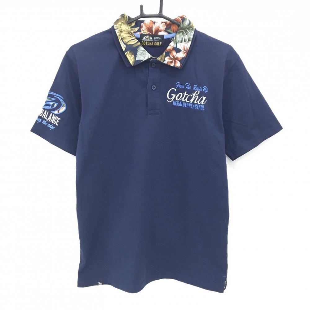 【美品】ガッチャゴルフ 半袖ポロシャツ ネイビー×ブルー 襟・背面一部花柄 バック・襟裏ロゴ メンズ L ゴルフウェア GOTCHA GOLF