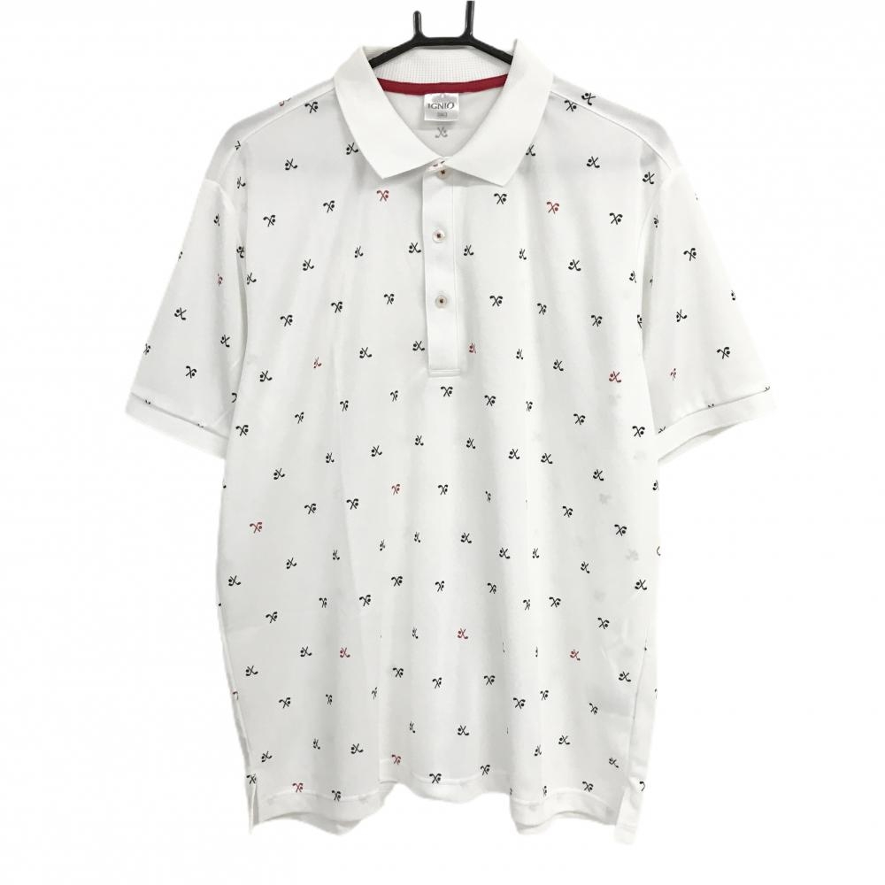 【美品】イグニオ 半袖ポロシャツ 白×黒 総柄 メンズ 3L ゴルフウェア 大きいサイズ IGNIO