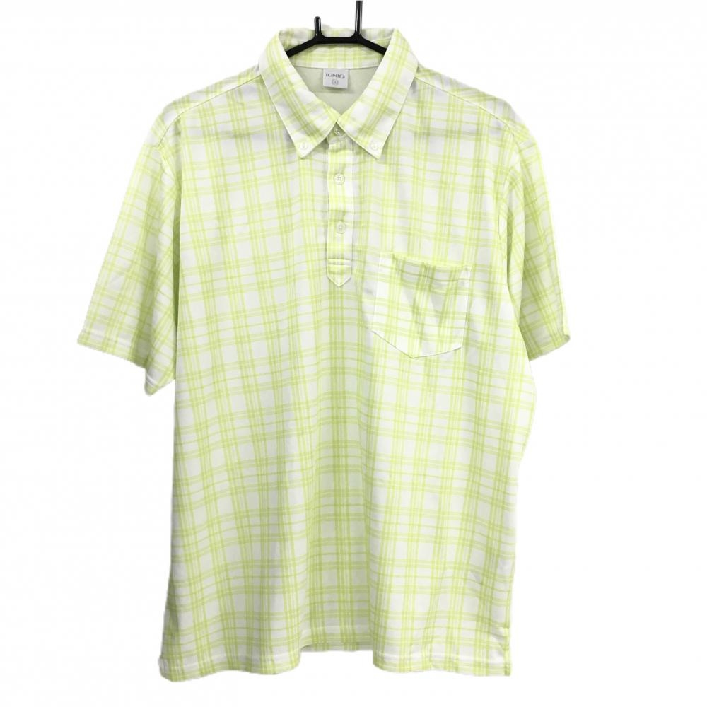 【超美品】イグニオ 半袖ポロシャツ 白×ライトグリーン チェック ボタンダウン iCOOL メンズ 3L ゴルフウェア 大きいサイズ IGNIO
