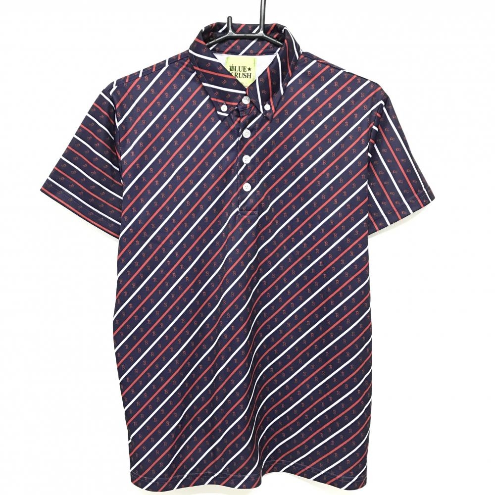 【超美品】ブルークラッシュ 半袖ポロシャツ ネイビー×レッド 斜めストライプ・ロゴ ボタンダウン メンズ M ゴルフウェア BLUE CRUSH
