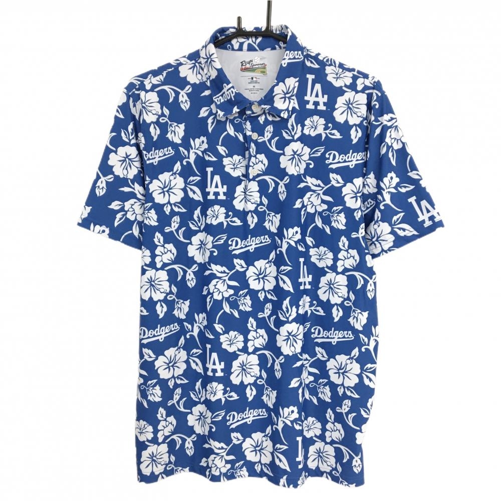 【超美品】レインスプーナー 半袖ポロシャツ ブルー×白 総柄 ハイビスカス ドジャース メンズ M ゴルフウェア Reyn Spooner