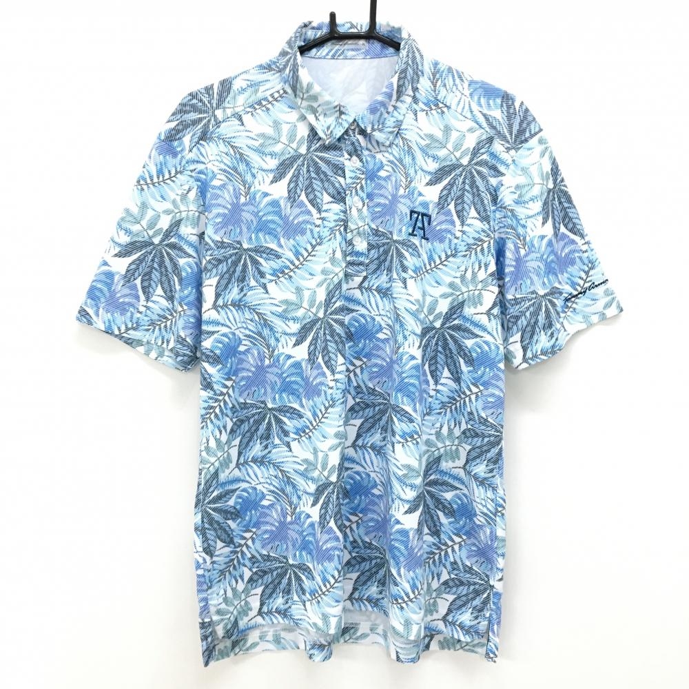 トミーアーマー 半袖ポロシャツ ブルー×白 リーフ柄  メンズ XL ゴルフウェア TommyArmour