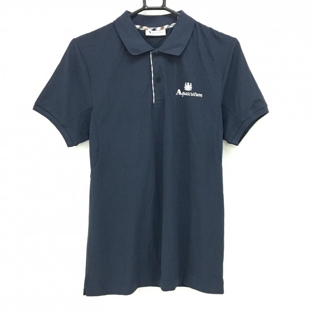 【新品】アクアスキュータム 半袖ポロシャツ ネイビー ロゴ白 ナイロン100％ メンズ S ゴルフウェア Aquascutum
