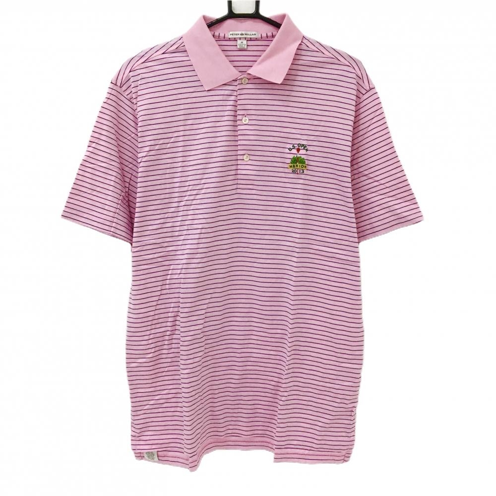 ピーターミラー 半袖ポロシャツ ピンク×ダークネイビー ボーダー 胸ロゴ  メンズ M ゴルフウェア PETER MILLAR