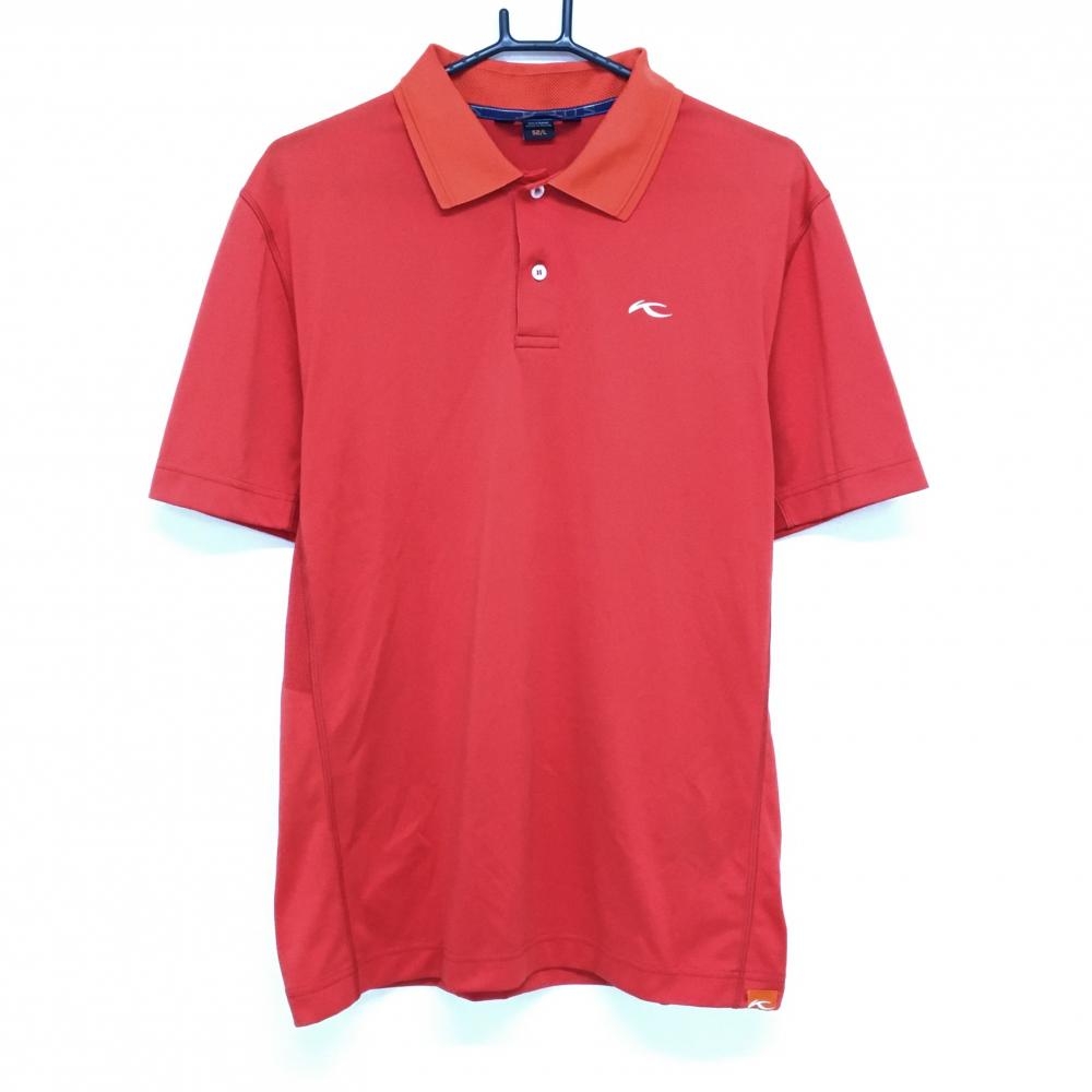 【美品】チュース 半袖ポロシャツ レッドオレンジ系×白 ロゴプリント  メンズ 52/L ゴルフウェア KJUS