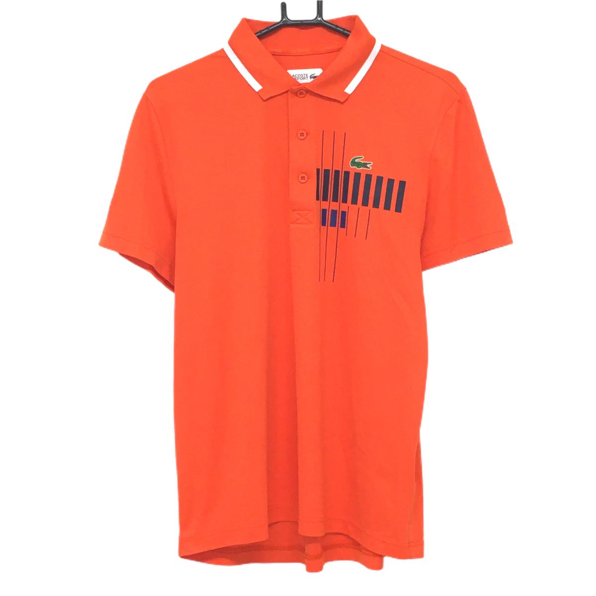 【美品】ラコステスポーツ 半袖ポロシャツ オレンジ×黒 胸ロゴ メンズ US-M ゴルフウェア LACOSTE SPORT