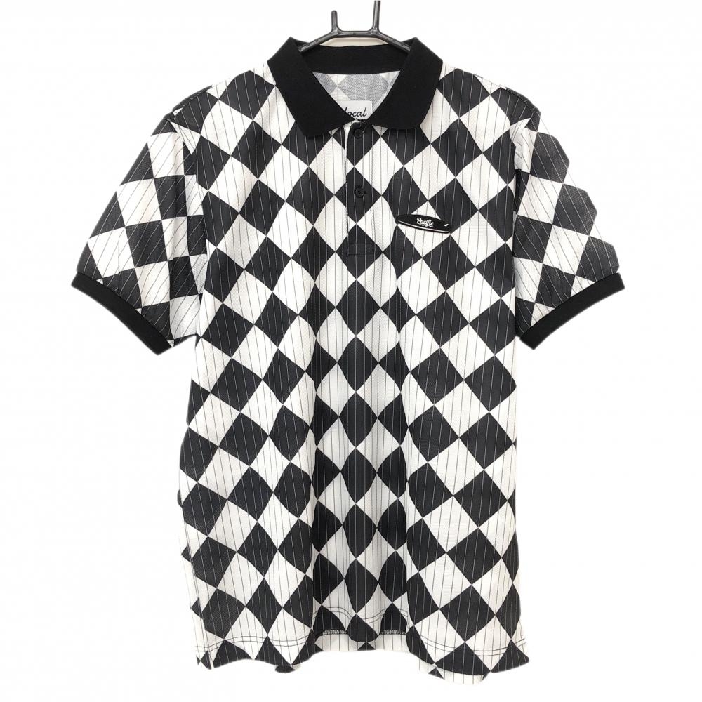 【美品】ローカルゴルフ 半袖ポロシャツ 白×黒×グレー ブロックチェック ストライプ メンズ M/L ゴルフウェア Local Golf