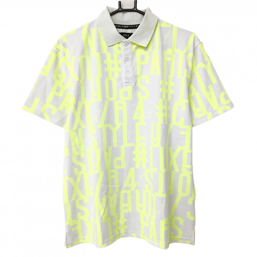 【美品】ラグジュ 半袖ポロシャツ 白×蛍光イエロー系 総柄  メンズ Ｌ ゴルフウェア LUXE/R
