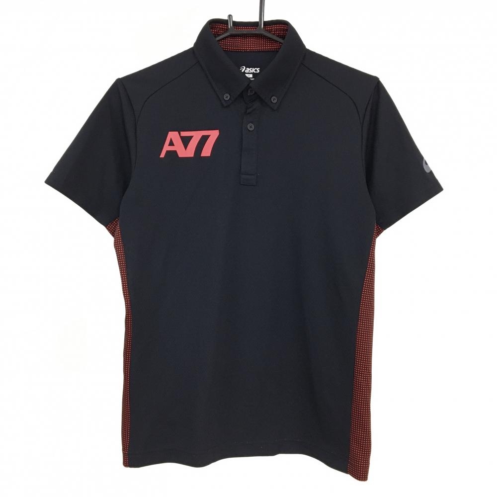 【超美品】アシックス 半袖ポロシャツ 黒×レッド サイドドット ボタンダウン A77 メンズ M ゴルフウェア asics