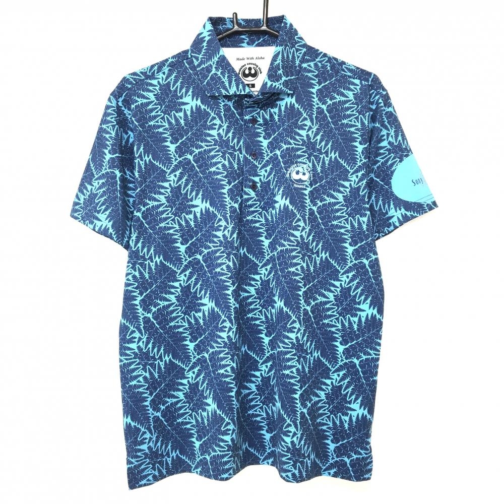 【超美品】ワイアラエカントリークラブ 半袖ポロシャツ ネイビー×ライトブルー リーフ柄 メンズ S ゴルフウェア Waialae Country Club