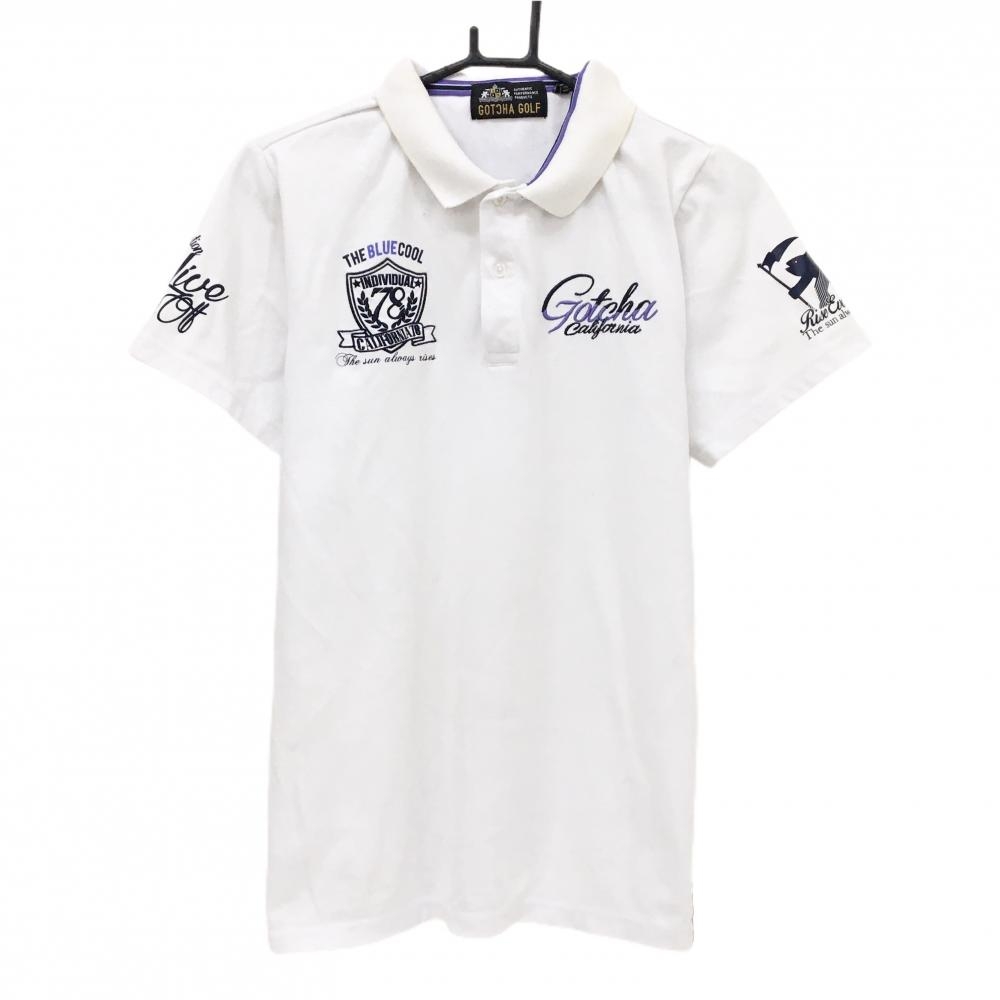 ガッチャゴルフ 半袖ポロシャツ 白×ネイビー ロゴ刺しゅう 襟裏プリント メンズ L ゴルフウェア GOTCHA GOLF