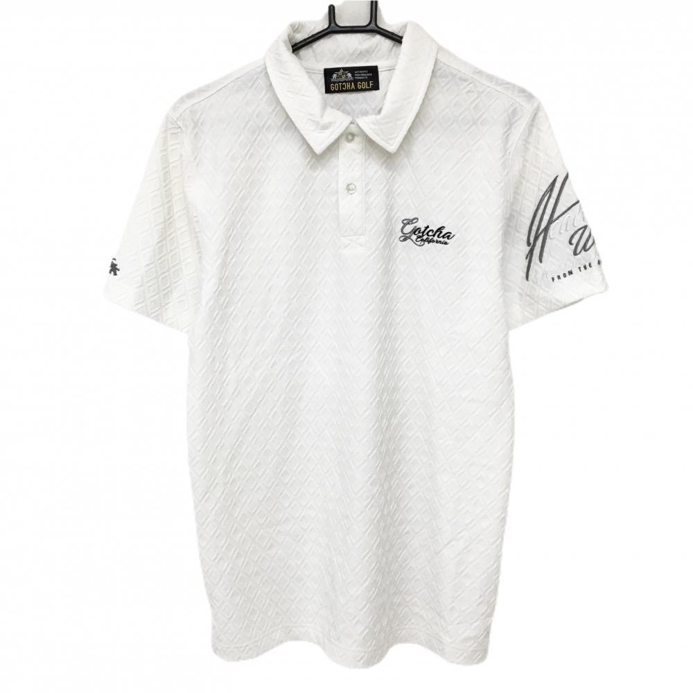 【美品】ガッチャゴルフ 半袖ポロシャツ 白 ダイヤ柄織生地 ロゴ刺しゅう メンズ  ゴルフウェア GOTCHA GOLF