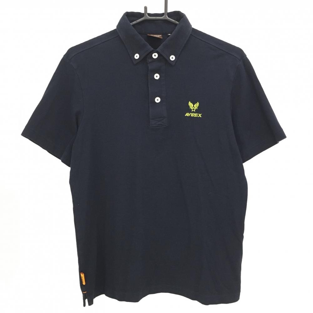 アヴィレックスゴルフ 半袖ポロシャツ ネイビー ボタンダウン ロゴ蛍光イエロー メンズ M ゴルフウェア AVIREX GOLF