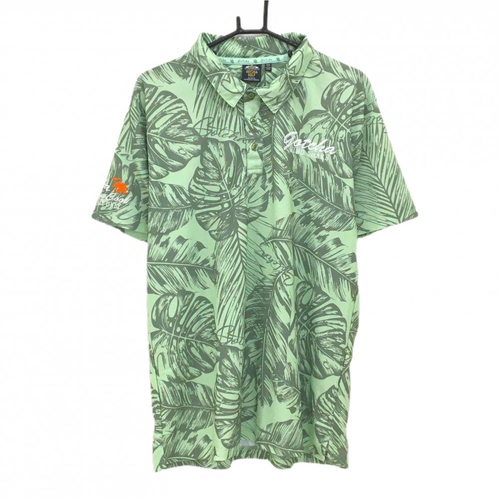【超美品】ガッチャゴルフ 半袖ポロシャツ ライトグリーン×グレー リーフ総柄 ロゴ刺しゅう メンズ XXL ゴルフウェア GOTCHA GOLF